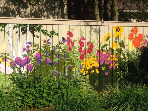 Wood Fence Stencil Ideas, Painting On Fences Wall Art, Outdoor Wall Murals Backyards Flower, Flower Fence Painting, Painting On Fence, Fence Mural Ideas Backyards, Painted Fences Mural, Fence Mural Ideas, Fence Painting Ideas