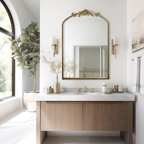 Bathroom with gold mirror over sink. Classic Bathroom Mirror, Parisian Mirror, Elegant Mantel, Mantel Mirror, Arched Wall Mirror, Rectangle Bathroom, Arched Wall, Vanity Bedroom, Silver Bathroom