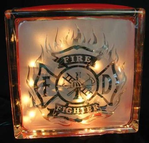 firefighter sandblasted glass block light | WalshDesigns - Housewares on ArtFire: Beer Decor, Firefighters Wife, Firefighter Crafts, Decorative Glass Blocks, Glass Block Crafts, Ideas Habitaciones, Firefighter Decor, Lighted Glass Blocks, Firefighter Love