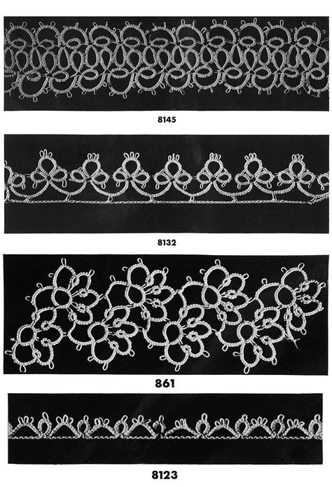 Tatting Edging Patterns #8145, #8132, #861, #8123 Tatted Edging Patterns, Tatting Edging Patterns Free, Tatted Lace Pattern, Needle Lace For Beginners, Tatting Edging, Needle Tatting Tutorial, Tatting Bracelet, Tatting Patterns Free, Needle Tatting Patterns