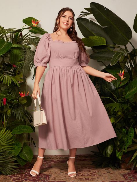 Dusty Pink Elegant Collar Half Sleeve Fabric Plain A Line Embellished Non-Stretch  Plus Size Dresses Big Size Dress Casual Simple, Boracay Ootd, Elegant Dress For Big Size Woman, Plus Size Kurti Designs, Plus Size Gala Dress Classy, Dresses For Chubby Women, Plain Pink Dress, Dress For Fat Women, Dress For Big Size Woman