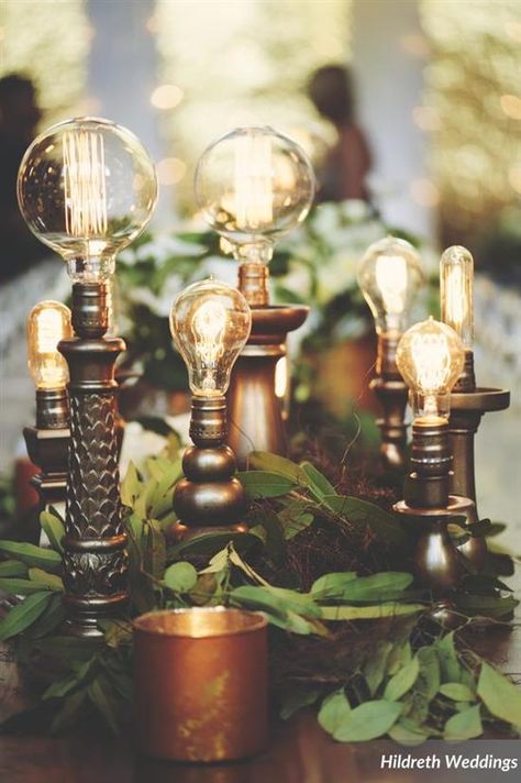 Edison Bulb Wedding, Industrial Rustic Wedding, Romantic Industrial Wedding, Romantic Industrial, Industrial Wedding Decor, Punk Wedding, Steampunk Party, Industrial Chic Wedding, Dark Wedding