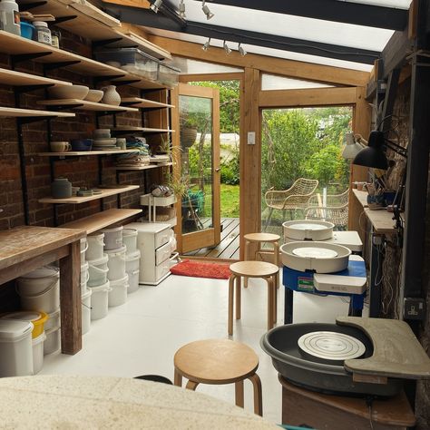 The pottery has had a refresh, creating more space and better, more adaptable shelving thanks to @jimclabs 💕 I love it when this little studio is full of people doing workshops & creating pots, but sometimes when the old shelves were getting full I found it difficult to settle into making my own work and it constantly felt like a game of pottery Tetris! I don’t think potters ever feel like they have enough shelf space, but this will definitely help. Sunroom Pottery Studio, Pottery Corner At Home, She Shed Pottery Studio, Garden Pottery Studio, At Home Ceramic Studio, Outdoor Pottery Studio, Pottery Shed Ceramic Studio, Tiny Pottery Studio, Pottery Shelves