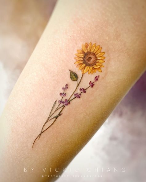 Sunflower and lavender small color tattoo Sunflower Lavender Tattoo, Sunflower And Lavender Tattoo, Small Color Tattoo, Tattoo Lavender, Sunflower And Lavender, Small Colorful Tattoos, Lilac Tattoo, Random Tattoos, Ankle Tat