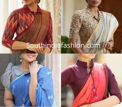 formal office wear professional blouse designs collar neck Office Wear Blouse Designs, Office Wear Blouse, Office Wear Saree, Kalamkari Blouse Designs, Professional Office Wear, Saree Jacket Designs, Kalamkari Blouse, Cotton Saree Blouse Designs, Boat Neck Blouse Design