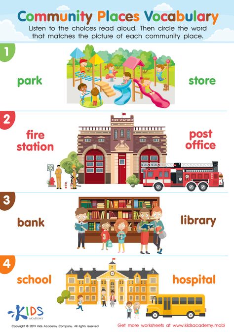 Look at this colorful worksheet with your little ones and help them identify each of the community places pictured, and then help them match each place to the correct name. Christmas Worksheets Kindergarten, Social Studies Communities, Alphabet Chart Printable, Nursery Worksheets, Community Places, Kindergarten Social Studies, Worksheets Kindergarten, Christmas Worksheets, Line Game