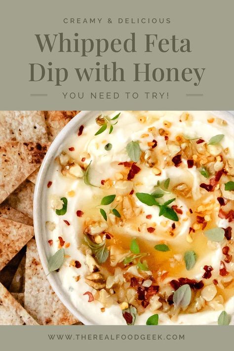 If you need a crowd-pleasing appetizer that’s easy to make and delicious, check out this Creamy Whipped Feta with Honey Dip. The secret is baking the feta before whipping so it becomes extra velvety smooth! And it’s loaded with flavorful extras like honey, walnuts, thyme, and red pepper flakes. It’s sure to be a hit at your next party or gathering! Follow along for more healthy recipes! Feta Dip With Honey, Whipped Feta Dip With Honey, Whipped Feta With Honey, Feta With Honey, Honey Walnuts, Honey Dip, Whipped Feta Dip, Healthy Sauces, Feta Recipes