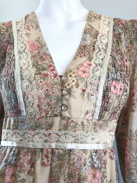 Beige Pretty 1970s Boho Cotton Voile + Lace Flower Print Long Sleeve 70s Maxi Dress For Sale Black Quinceanera Dresses, 70s Maxi Dress, Stylish Short Dresses, Modest Dresses Casual, Dress Design Patterns, Sleeves Designs For Dresses, Designer Dresses Casual, Fancy Dress Design, Stylish Dresses For Girls