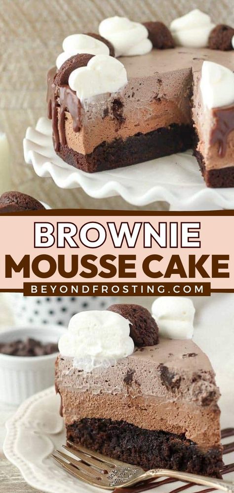 A holiday dessert with triple the chocolate! This mousse cake recipe is perfect for Christmas and Thanksgiving. Made with a fudgy brownie bottom, easy chocolate mousse, and brownie batter mousse, every bite is so sinful! Chocolate Cheesecake Mousse, Moose Cake, Dark Chocolate Cheesecake, Easy Chocolate Mousse, Mousse Cake Recipe, Fudgy Brownie Recipe, Cheesecake Mousse, Fudgy Brownie, Cake Recipes From Scratch