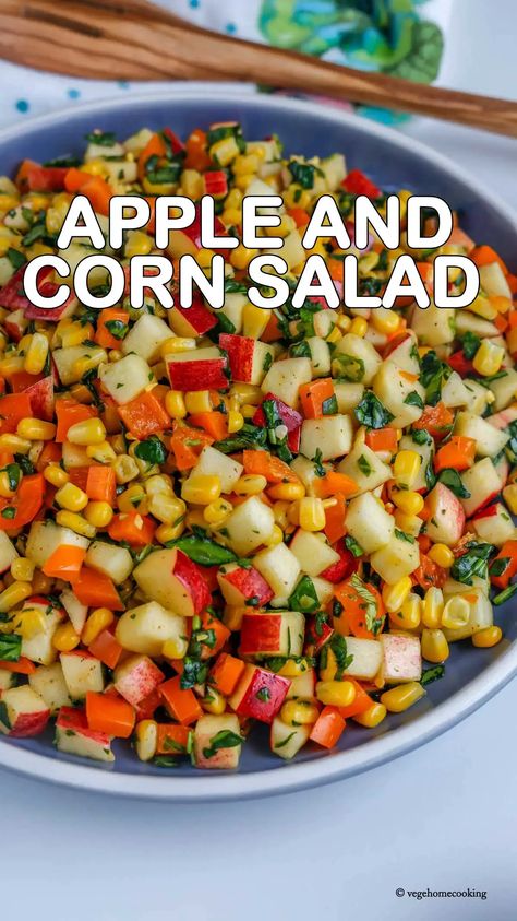 Apple and Corn Salad / Easy Apple Salad – Vege home cooking Salad With Sweet Corn, Corn And Apple Salad, Easy Tasty Salads, Healthy Veg Dinner Recipes, Sweet Dishes Indian, Veg Snacks Recipes, Easy Apple Salad, Diet Salads, Sweet Corn Salad Recipe