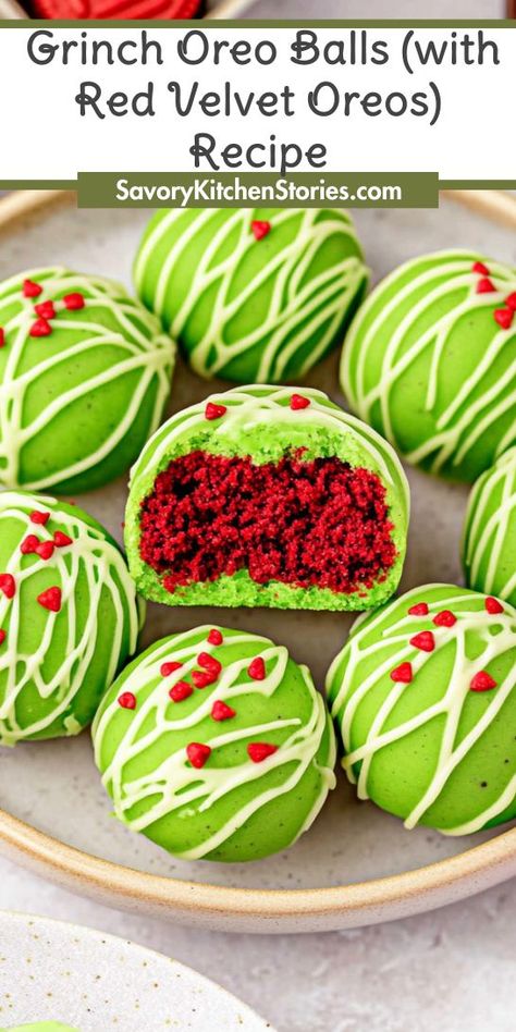 Looking for a festive treat that will impress everyone at your holiday gatherings? These Grinch Oreo Balls made with Red Velvet Oreos are the perfect addition to your Christmas Desserts! Save this recipe for a deliciously fun dessert that will spread holiday cheer and delight your guests! Christmas Desserts Grinch, Red Velvet Oreos, Christmas Food List, Christmas Party Snacks, Christmas Party Treats, Traditional Christmas Food, Red Velvet Oreo, Easy Christmas Candy Recipes, Christmas Truffles