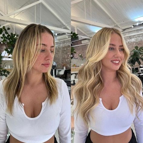 Blonde Hair Extensions Before And After, Beach Blonde Highlights, Blonde Extensions, Blonde Highlights On Dark Hair, Hair Extensions Before And After, Sun Kissed Hair, Blonde Hair Extensions, Beachy Hair, Dimensional Blonde