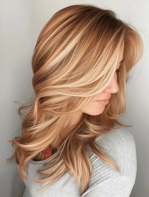 Grey Blending Highlights Strawberry Blonde, Blonde Highlights Over Red Hair, Bayalage Strawberry Blonde Balayage, Strawberry Carmel Hair, Brown Redish Hair With Blonde Highlights, Cold Strawberry Blonde Hair, Strawberry Blonde And White Hair, Root Smudge Golden Blonde, Reddish Blonde Balayage