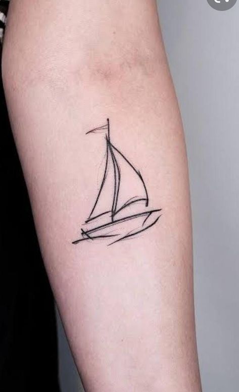 Small Sailing Tattoo, Feminine Boat Tattoo, Sailboat Sketch Tattoo, Minimal Boat Tattoo, Cute Boat Tattoo, Minimalist Ship Tattoo, Sailing Boat Tattoo Simple, Sailing Tattoo Ideas, Small Boat Tattoo Simple