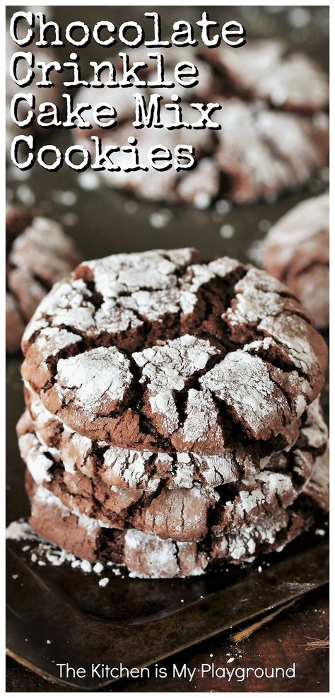 Chocolate Crinkle Cake Mix Cookies ~ Taking advantage of boxed cake mix as their base, these chocolate cookies are super easy to make! Hardly any measuring, just a few basic ingredients, amazingly quick to mix up, and super tasty, too. A great recipe to get the kids baking or for anyone who wants to whip up a tasty cookie quickly & easily.  www.thekitchenismyplayground.com Making Cookies From Cake Mix Boxes, Chocolate Cake Crinkle Cookies, Cake Box Cool Whip Cookies, Easy Cookies With Cake Mix Boxes, Box Cake Mix Crinkle Cookies, Cake Mix Chocolate Crinkles, Chocolate Cake Mix Christmas Cookies, Chocolate Cookies Made With Cake Mix Boxes, Chocolate Crinkle Cookies Cake Mix Cool Whip