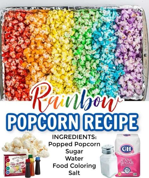 This rainbow popcorn recipe is easy to make and perfect for a birthday party or for St. Patrick’s Day. It’s easy to make this DIY rainbow popcorn at home with this easy recipe. IT's adorable and tastes great too. #dessertsonadime #popcornrecipes #rainbowrecipes #easydesserts Art Party Snack Ideas, Rainbow Snack Ideas, Lollipop Birthday Party Ideas, Paint Party Food Ideas, Rainbow Birthday Party Food, Hippie Party Food, Farm Treats, Food Coloring Popcorn, Colored Popcorn Recipe