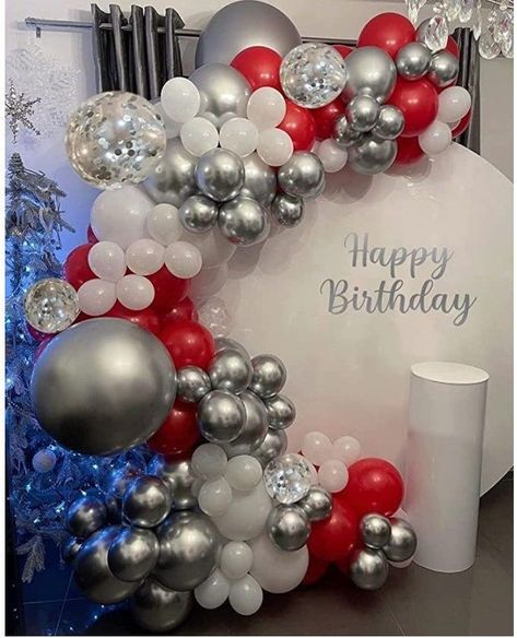 Red Silver Party Decorations, Red White And Silver Balloon Arch, Red White And Silver Party Decorations, Red And Silver Birthday Decorations, Red And Silver Party, Red Birthday Decorations, Birthday Decorations Red, Red Silver Wedding, Balloons For Baby Shower