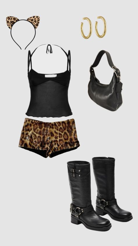 #halloweeninspo #outfitinspo #halloween #leopard #boots Jungle Themed Outfits Women, Cheetah Bra Outfit Y2k, Zebra Halloween Costume Women, Black Cat Costumes Women, Puppy Costume For Women, Leopard Halloween Costume Woman, Cheata Print Halloween, Cheta Halloween Costume, Cheetah Halloween Costume Aesthetic