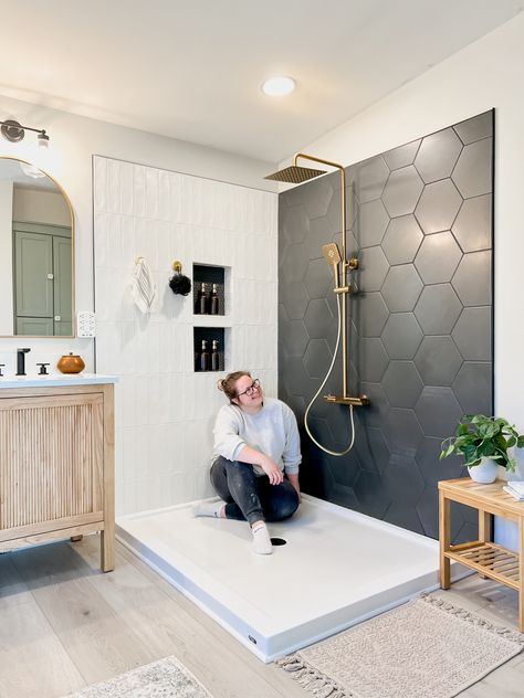 DIY Shower Tile, Hexagon Tile, Subway Tile, Gold Exposed Shower System, Mixed Metals, Contrast Bathroom, Modern Bathroom, DIY Bathroom Renovation Hexagon Tile Shower Wall, Hexagon Tile Bathroom Shower Wall, Contrast Bathroom, Diy Tile Shower, Tile Hexagon, 2024 Bathroom, Shower Renovation, Was It Worth It, Hexagon Tile