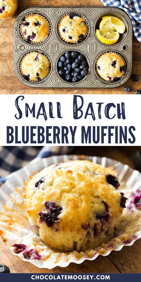 Moist Small Batch Blueberry Muffins without sour cream is a 6 muffin recipe bursting with fresh blueberries in every bite. Made with a hint of lemon, these homemade blueberry muffins are scaled down for small households. What makes my small batch muffins different than other recipes out there is the recipe uses 1 whole egg, making 6 muffins. I saw similar recipes using only egg whites. Small Batch Muffins, Small Batch Blueberry Muffins, Mini Blueberry Muffins, Homemade Blueberry Muffins, Delicious Muffins, Blueberry Muffins Recipe, Small Batch Baking, Berry Muffins, Lemon Blueberry Muffins