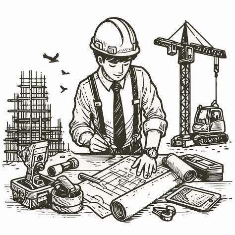 Vector illustration of busy civil engineer in construction field | Premium AI-generated vector Female Engineer Character Design, Construction Site Drawing, Engineer Illustration, Engineering Pictures, Engineer Drawing, Engineering Poster, Civil Engineering Construction, Civil Engineering Design, Working Drawing