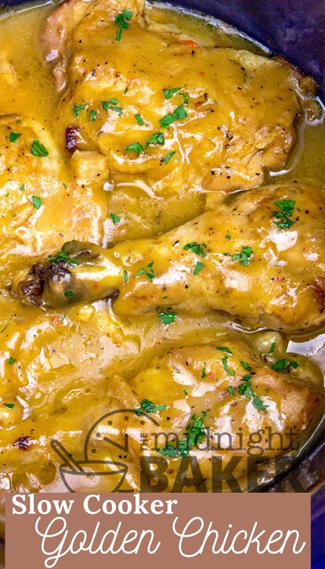 Golden Chicken Recipe, Slow Cooker Sunday Dinner, Slow Cooker Chicken Legs Bone In, Turkey Slow Cooker Recipes, Chicken Leg Slow Cooker, Crockpot Chicken Leg Recipes, Crockpot Sunday Dinner, Crock Pot Chicken Recipe, Slow Cooker Pork Ribs