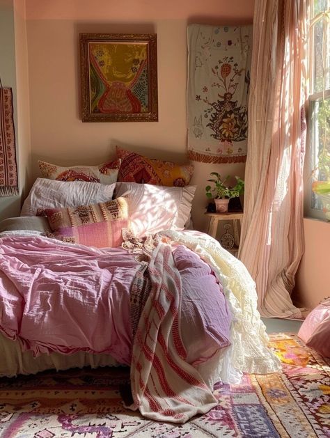 Colorful Room Inspo Aesthetic, Cute Boho Apartment, 130 Sq Ft Bedroom, Peaceful Dorm Room, Minimalist Colourful Bedroom, Colorful Chic Bedroom, Mystical Bedroom Bohemian, Romantic Home Aesthetic, Cozy Maximalism Small Bedroom