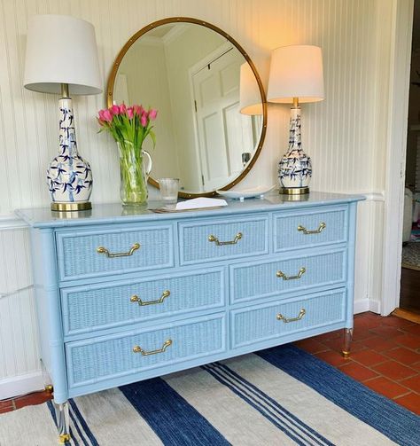 Colorful Dresser Bedroom, Bamboo Dresser Makeover, Wicker Dresser Bedroom, Painted Wicker Dresser, Wicker Dresser Makeover, Maximalist Dresser, Lacquered Dresser, Faux Bamboo Furniture, Dresser Remodel