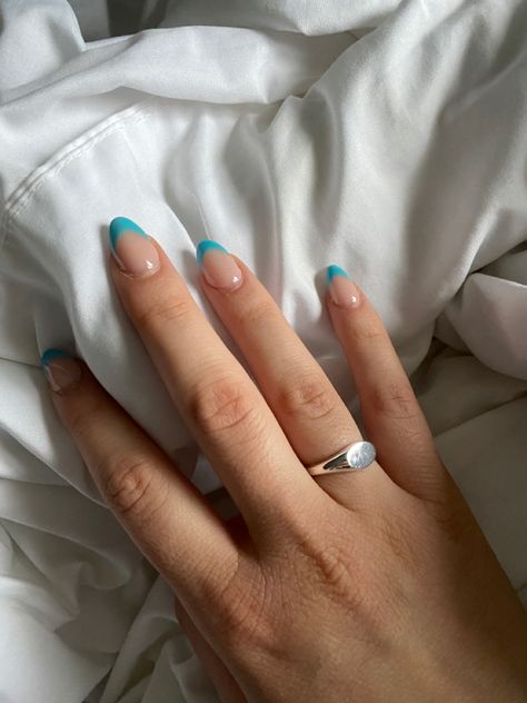 Real French Tip Nails, Pale Blue Nails French Tip, Basic Nail Inspo Acrylic Short, Aquamarine French Tip Nails, Tabitha Swatosh Nails, Cyan French Tip Nails, Aqua French Tips, French Tips Teal, Turquoise Tip Nails