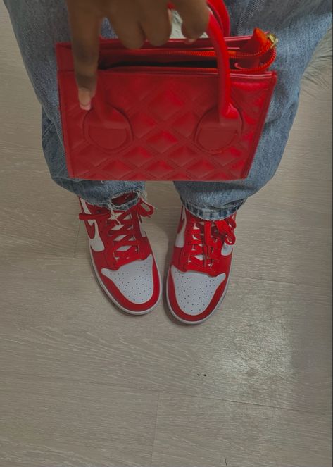 Nike Dunk High University Red, Red Dunk High Outfit, Red Sneakers Aesthetic, Nike Dunk University Red, Jordan 1 Red Outfit, Red Dunks Outfit, University Red Dunks, Dunk High Outfit, Nike Dunk Low University Red