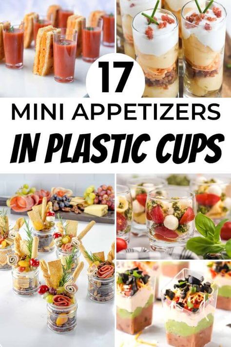 mini-appetizers-in-plastic-cups Mini Meat Appetizers, Christmas Individual Appetizers, Christmas Party Hors Doeuvres Easy, Up Scale Appetizers, Salad In Cups For Party, Small Bites Appetizers Fall, Food Cups Ideas, Individual Shrimp Cocktail Cups, Shrimp Cups Appetizers