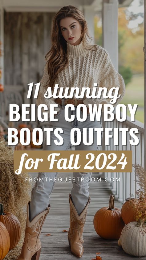 a woman wears beige cowboy boots for fall, western outfits Nashville Cowboy Boots, Thanksgiving Outfit With Cowboy Boots, Tights And Cowgirl Boots Outfit, Cute Outfits With Cowboy Boots And Jeans, Sweater Dress With Cowgirl Boots, Western Boots With Skirt, Tall Brown Cowboy Boots Outfit, Women’s Casual Outfit With Cowboy Boots, Winter Outfit Cowboy Boots