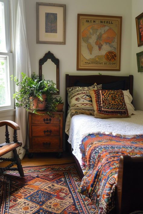 Discover 14 vintage cozy boho bedroom decor ideas. Transform your space with vintage furniture, layered textiles, macrame, and natural elements. Embrace the blend of vintage charm and boho style for a warm, eclectic retreat that reflects your unique personality. Boho Inspo Decor, Rugs In Bedroom Ideas, Warm Eclectic Bedroom, Eclectic Apartment Decorating Ideas, Vintage Bedroom Ideas Cozy, Old Room Decor Ideas, Vintage Apartment Bedroom, Small Vintage Bedroom, Eclectic Cottage Core