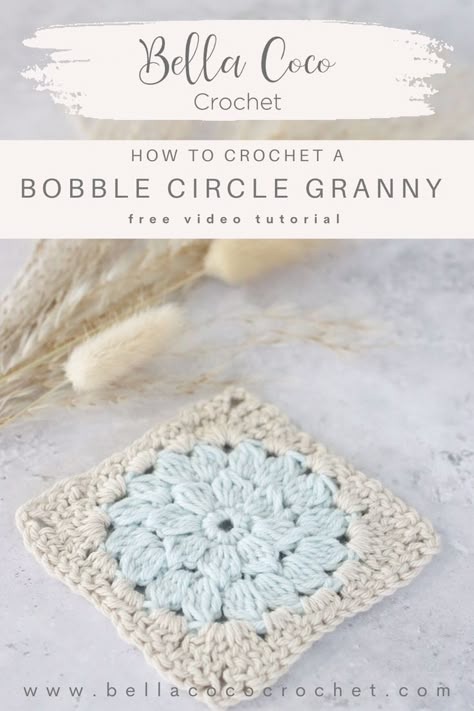 Crochet Circle Square, Crochet Mixed With Fabric, Granny Square Shapes, Standard Granny Square Crochet Pattern, Bubble Granny Square, Bobble Stitch Crochet Pattern Granny Squares, Crochet Blankets Granny Square, Crochet Baby Granny Square Blanket, Crochet Square Blanket Pattern Free