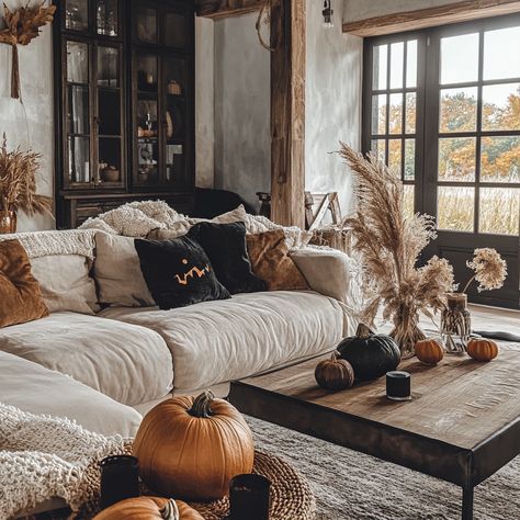 Farmhouse Fall Decor, Living Room, Pumpkin Theme, Comfy Couch, Cream colored room Brown And Beige Living Room Ideas, Farmhouse Fall Decor Living Room, Fall Decor Living Room, Homey Living Room, Cream Couch, School Halloween Party, Beige Living Rooms, Comfy Couch, Farmhouse Fall Decor