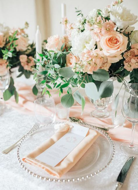 Peach Wedding at Brookend Green Farm — Engage Weddings Peach Table Setting Wedding, Peach Wedding Ceremony, Peach Wedding Flowers Centerpieces, Wedding Decor Peach, Peach Centerpiece Wedding, Wedding Centerpieces Champagne, Peach Table Setting, Peach Table Decor, Peach Wedding Reception