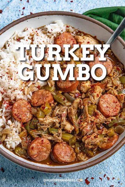 Turkey And Sausage Gumbo, Turkey Gumbo Recipe, Turkey Gumbo, Nola Recipes, Dark Roux, Recipe For Turkey, Gumbo File, Seafood Gumbo Recipe, Creole Food