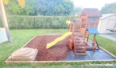 BACKYARD PLAYGROUND AT HOME – HOW TO BUILD IT Outdoor Mulch Play Area, Backyard Rubber Play Area, Backyard Play Area Landscaping, Mulch Play Area Backyard, Diy Playground Flooring, Outdoor Play Area Flooring Ideas, How To Build A Playground, Mulch Play Area For Kids, Mulched Play Area Backyard