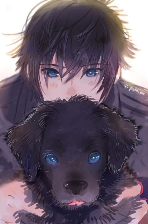 This is Niko (15) and Troy. Niko is the boy and Troy is the dog. They go everywhere together, and when they are apart, they just aren't themselves! Anime Guy, Puppy Dog Eyes, Final Fantasy Art, Art Manga, Dog Eyes, Final Fantasy Xv, Anime People, Dessin Adorable, Samar