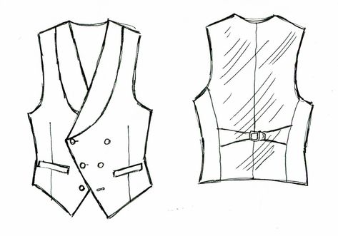 This listing is for a custom vest. We work with you to choose the perfect fabric and colors. This vest is made-to-measure in your size. ---------------------------------------------------------- Amazing wool gabardine fabric along with a high neck, two rows of metal buttons, and generous peak lapels give this piece a retro military style. The other images show sketches of some of our recent, more eccentric, designs. We can make any of our vest styles in thousands of fabrics and with hundreds of Vest Design Women, Vest Sketch Design, Vest Sketch, Vest Reference, Vest Pria, Vest Drawing, Waist Coat Men, Waistcoat Pattern, Vest Design