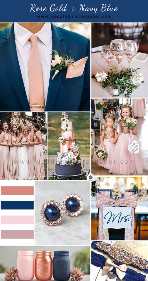 Navy Blue Pink And Champagne Wedding, Wedding Rose Gold And Navy, Blush And Rose Gold Wedding Decor, Wedding Colors Rose Gold Colour Palettes, Wedding Color Schemes Navy Blue And Gold, Wedding Colors Navy Blue And Rose Gold, Navy Blush And Gold Wedding, Blue And Pink Fall Wedding, Navy Blue Rosegold Wedding Table Decor