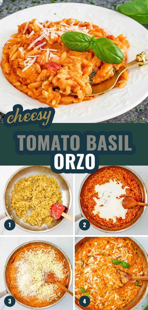 Whip up this creamy Cheesy Tomato Basil Orzo for a comforting dinner that's both easy and delicious! Perfect for busy weeknights. 🍅🧀🌿 #ComfortFood #OrzoRecipes Tomato Basil Orzo, Creamy Orzo Recipes, Orzo Dinner Recipes, Basil Orzo, Cheesy Orzo, Basil Pasta Recipes, Tomato Orzo, Bacon Wrapped Chicken Breast, Creamy Orzo