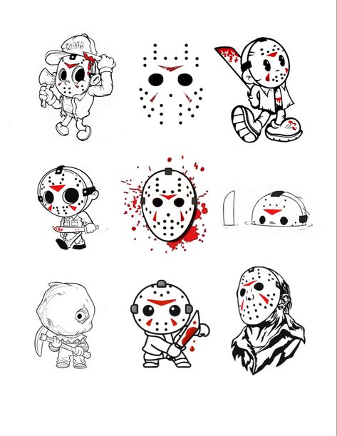 Jason Voorhees Flash Tattoo, Jason Flash Tattoo, Friday The Thirteenth Tattoo Flash, Patchwork Horror Tattoo, Chucky Flash Tattoo, Small Jason Voorhees Tattoo, Small Freddy Krueger Tattoo, Jason Voorhees Drawing Easy, Mini Horror Tattoos