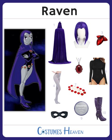 Robin And Raven Halloween Costume, Modest Raven Costume, Raven Halloween Costume Diy, Raven Halloween Costume Makeup, Halloween Raven Costume, Raven Cosplay Costume, Plus Size Raven Costume, Ravena Cosplay Casual, Raven Costume Black Women