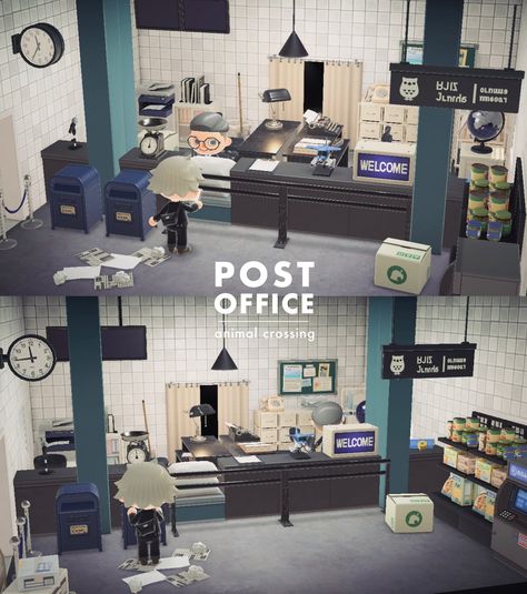 Animal Crossing Post Office Design, Animal Crossing Post Office, Urban Island, Banks Office, Bank Design, Happy Home Designer, Animal Crossing Wild World, Cute Office, Store Design Interior