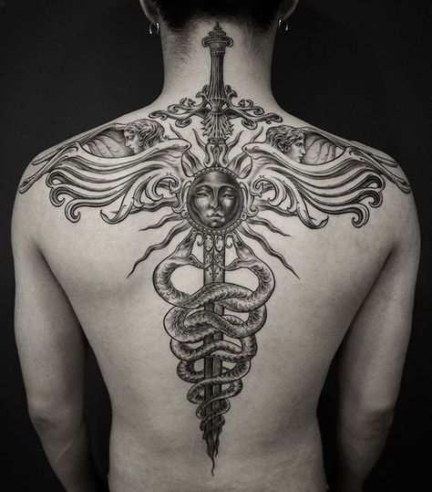 Caduceus Tattoo, Tatuaje Trash Polka, Cool Back Tattoos, Occult Tattoo, Back Piece Tattoo, Full Back Tattoos, Love Or Hate, Pieces Tattoo, Back Tattoos For Guys