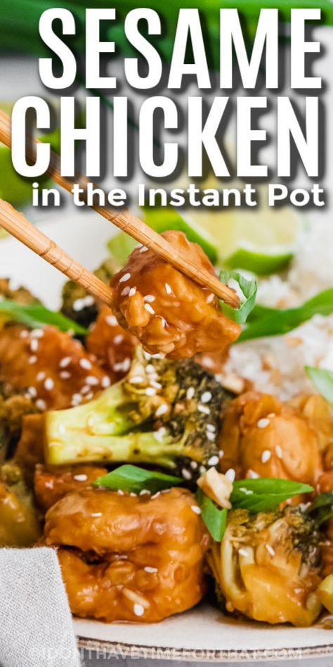 Instant Pot Sesame Chicken on a plate with chopsticks and writing Sesame Chicken Bowls, Instant Pot Sesame Chicken, Best Pressure Cooker Recipes, Asian Dish, Steamed Veggies, Delicious Chicken Breast Recipes, Scratch Cooking, Best Pressure Cooker, Sesame Chicken Recipe