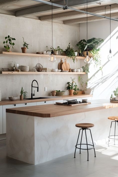 Discover the latest kitchen design trends with this elegant and minimalist space. Featuring open shelves and natural wood accents, it’s perfect for a refreshing and stylish look. Enhance your home with these stunning details! #KitchenGoals #InteriorDesign #ModernLiving Organic Modern Home Kitchen, Kitchen Inspo Organic Modern, Minimal Boho Home, Kitchen Design Minimal, Organic Minimalist Home, Modern Boho Kitchen Ideas, Organic Kitchen Design, Open Shelving Kitchen Ideas, Modern Boho Kitchen