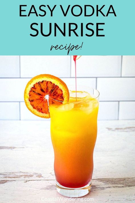 Do you know how to make a vodka sunrise? It is the perfect summer drink! It's a great cocktail that echoes the colors of tropical sunrise from deep red to bright orange. And it's refreshing, fruity, and delicious. It's so easy and fun, this vodka sunrise recipe should be on your list of go-to cocktails! Mixed Drinks With Orange Juice, Red And Yellow Drinks, Orange Color Cocktails, Fruity Vodka Cocktails, Tropical Sunrise Drink, Mango Vodka Drinks Recipes, Vodka Drinks Easy Simple, Fun Vodka Drinks, Orange Vodka Drinks