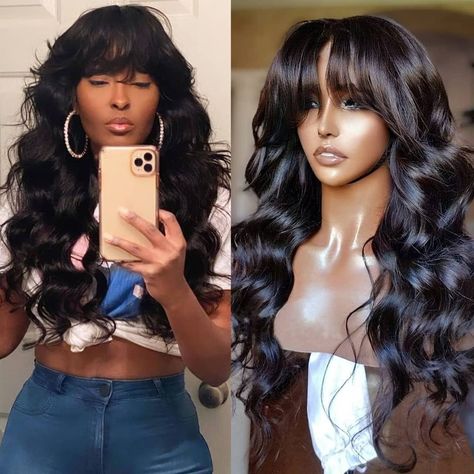 Bangs For Black Women, Wavy Wig With Bangs, Bang Wig, Human Lace Wigs, Long Curly Wig, Human Wigs, Wavy Wig, Curly Hair With Bangs, Wig Human Hair